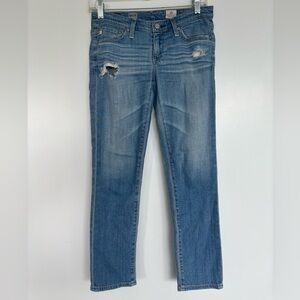 AG ADRIANO GOLDSCHMIED 14” Waist Distressed Straight Leg Jeans, Blue, Size 25.
